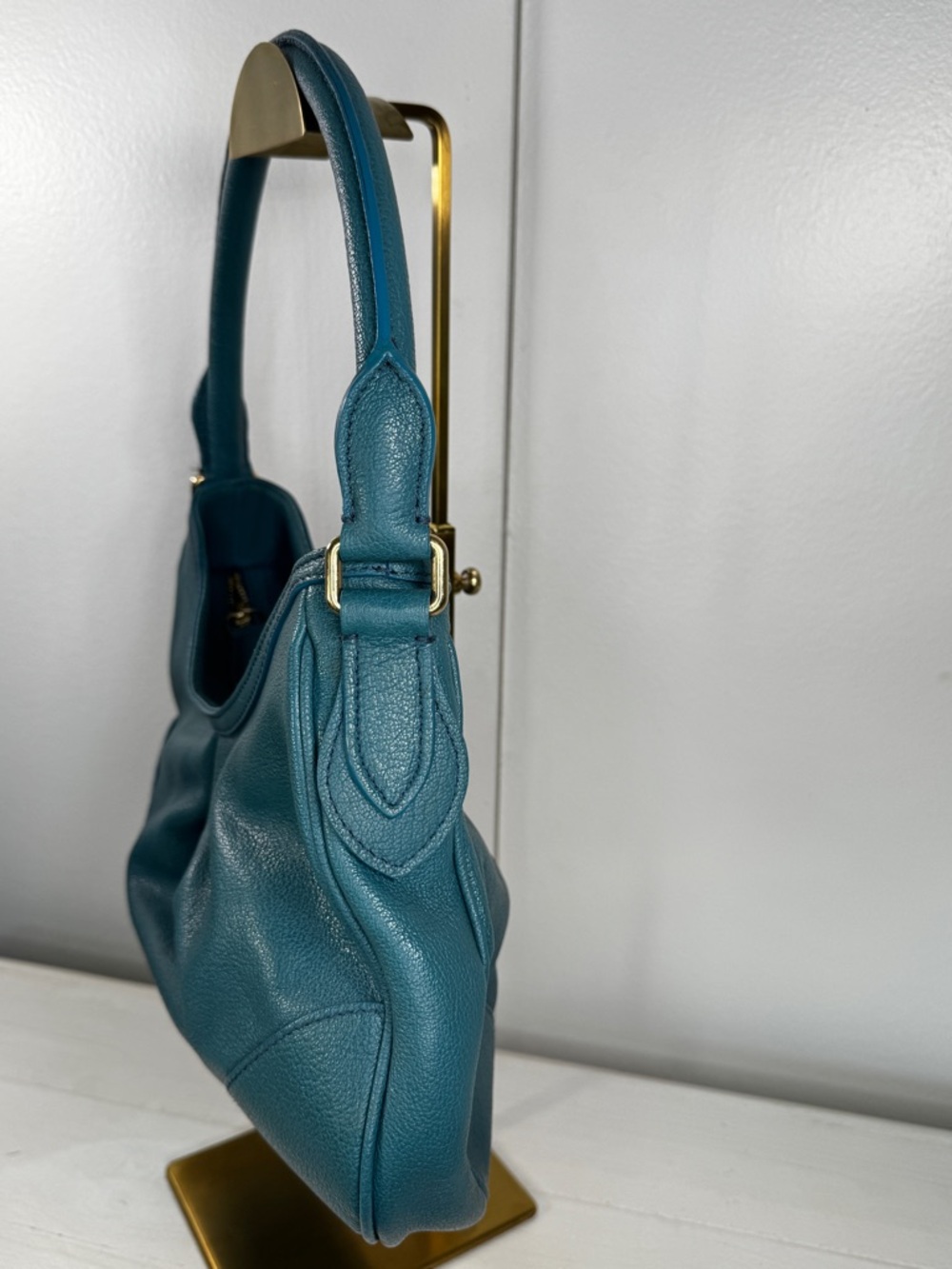 Burberry Pebbled Leather Shoulder Bag Teal Gold Hardware Quiet Luxury Hobo - Picture 3 of 14
